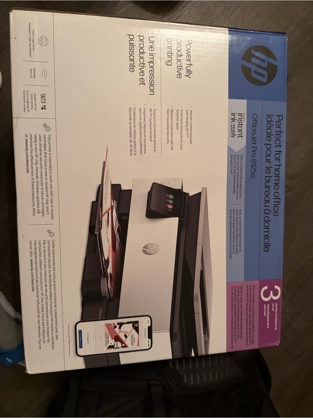 HP Printer Box Panel in White, Blue and Pink Accents